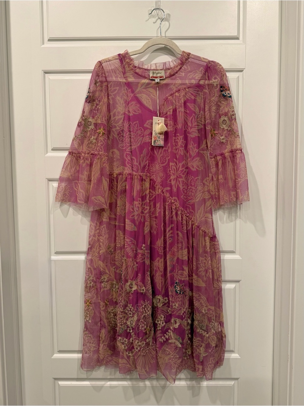 NWT JOHNNY WAS Biya Mazzy Arching Ruffles Dress Pink Floral Embroidered XS Boho - Picture 4 of 13